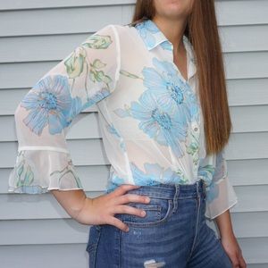 Sheer white and blue floral blouse